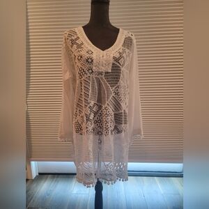 S.L. Fashions White Crochet Front Cover Up XL